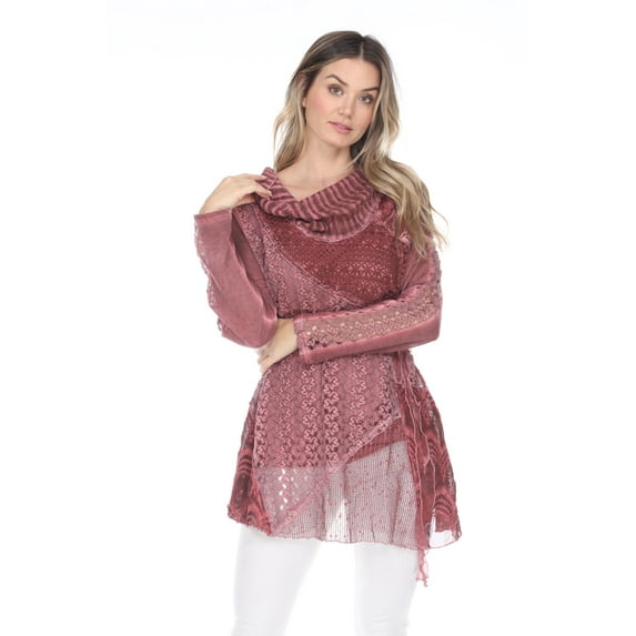 Simply Couture Women's Solid Long Sleeve Abstract Floral Lace Patchwork Cowl Neck Blouse Top