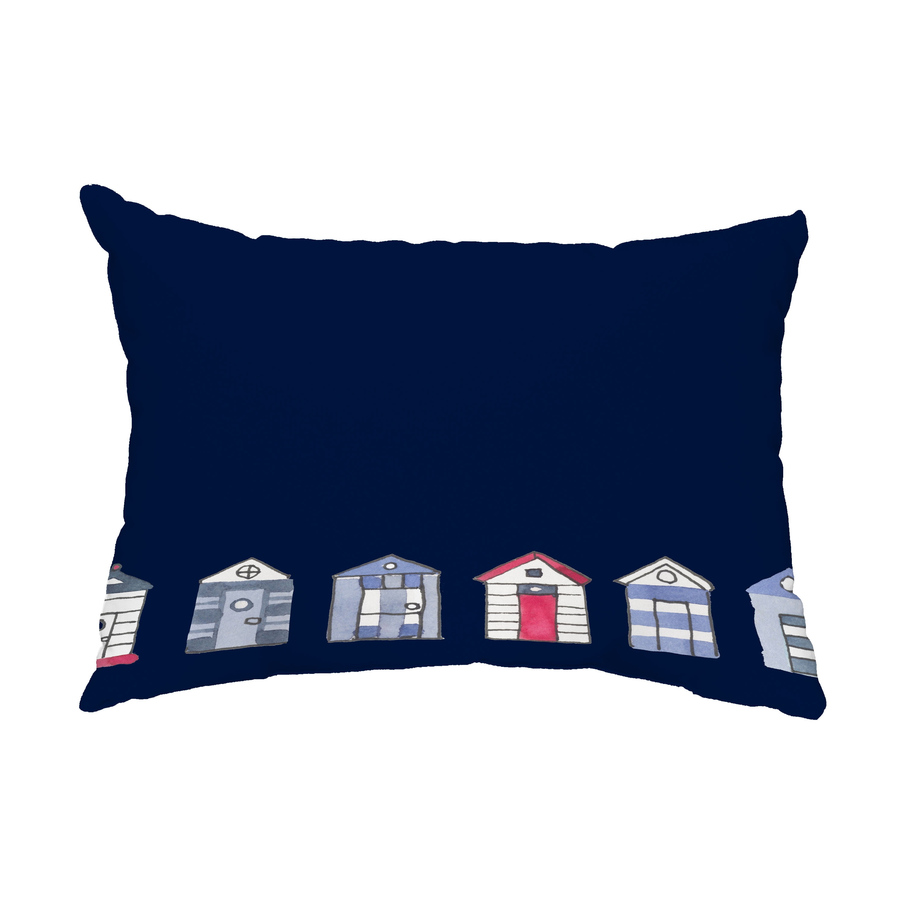 Simply Daisy, 14" x 20" Beach Huts Navy Nautical Decorative Outdoor Pillow