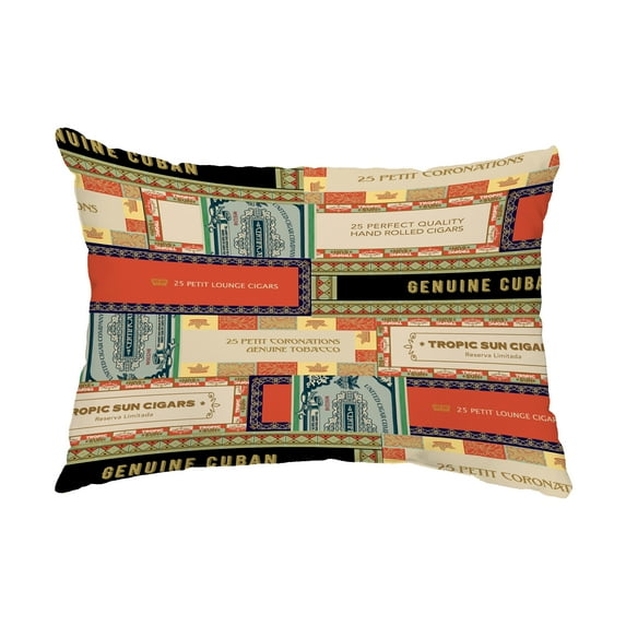 Simply Daisy, 14" x 20" Cigar Box Collage 2 Red Orange Abstract Decorative Outdoor Pillow