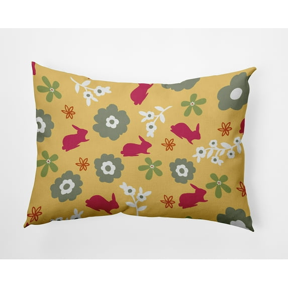 Simply Daisy 14x20-inch Rectangle Flowery Love Bunnies Easter Poly Pillow, Yellow-Pink Qty 1