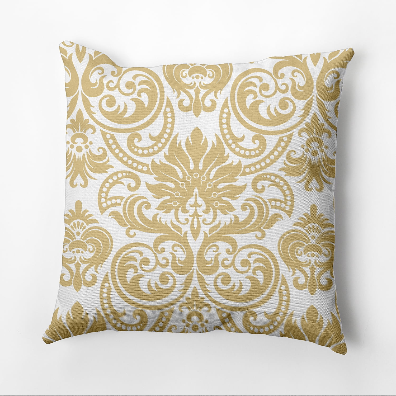 Gold and White Damask Polyester Indoor/Outdoor Throw Pillow