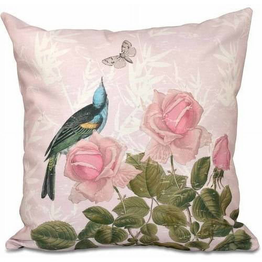 Pink Floral and Bird Print 16" Square Polyester Pillow