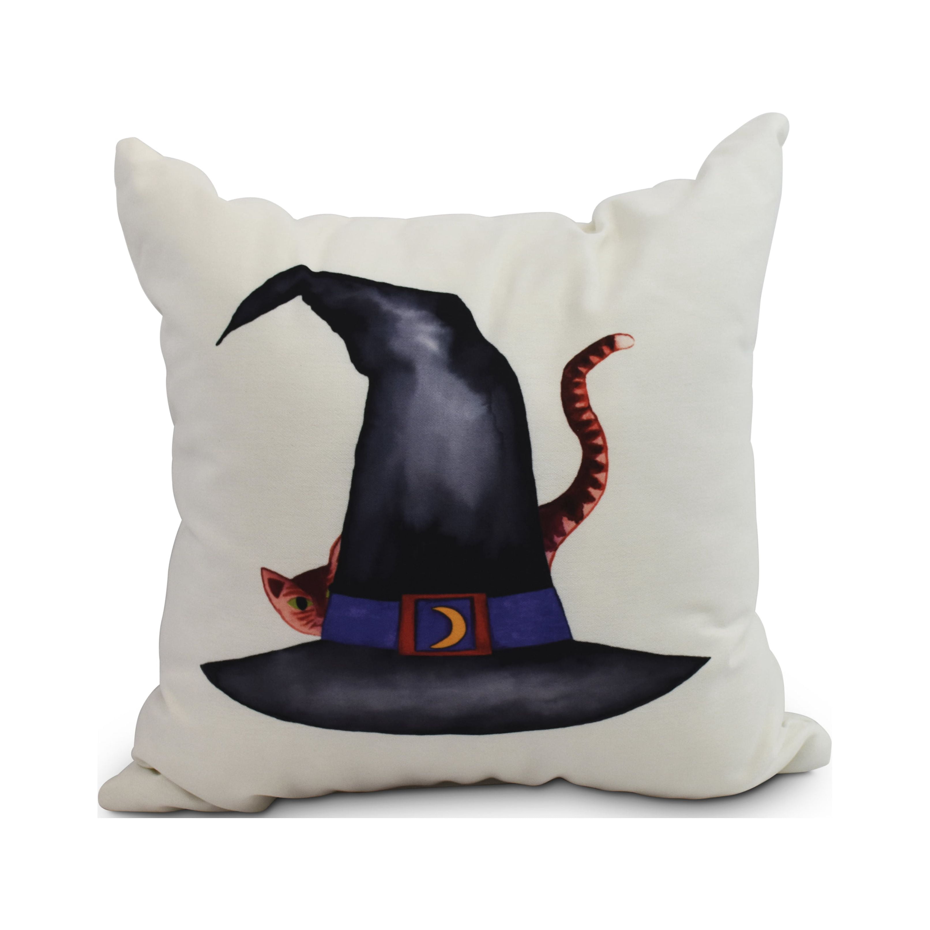 Simply Daisy, 16" x 16" Cat Behind the Hat Cream Halloween Print Decorative Throw Pillow