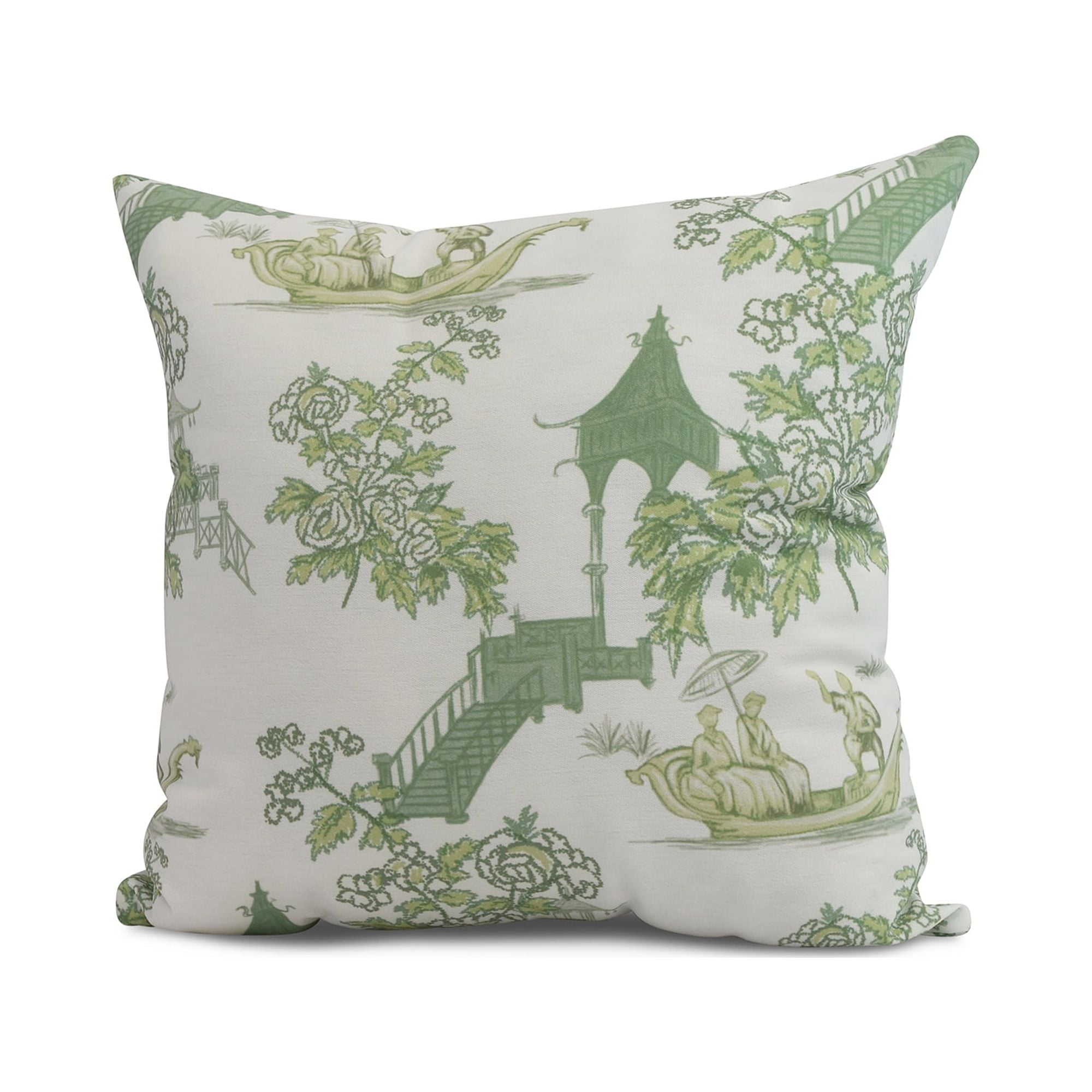 Green Chinoiserie Floral Print Outdoor Throw Pillow 16" x 16"