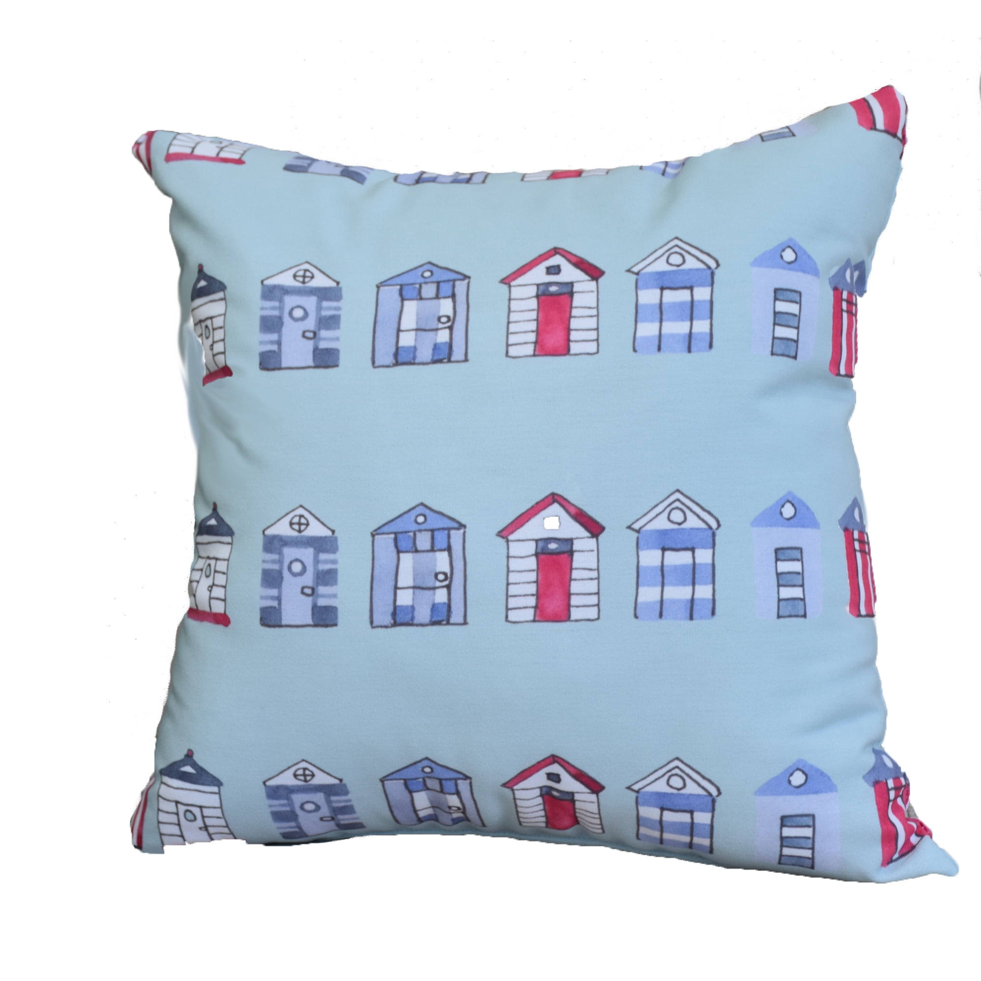 Simply Daisy, 16" x 16" Multi Beach Hut, Stripe Print Outdoor Pillow, Aqua