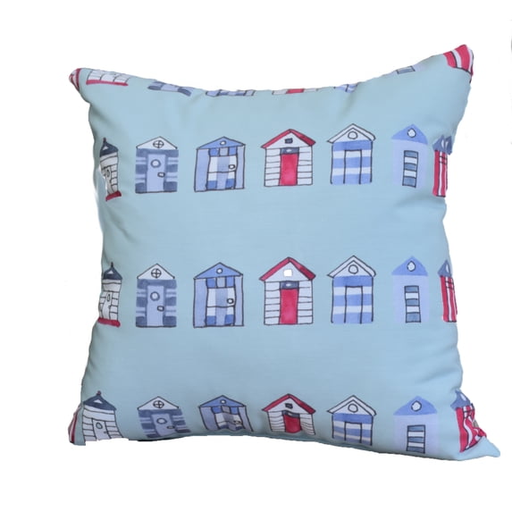 Simply Daisy, 16" x 16" Multi Beach Hut, Stripe Print Outdoor Pillow, Aqua