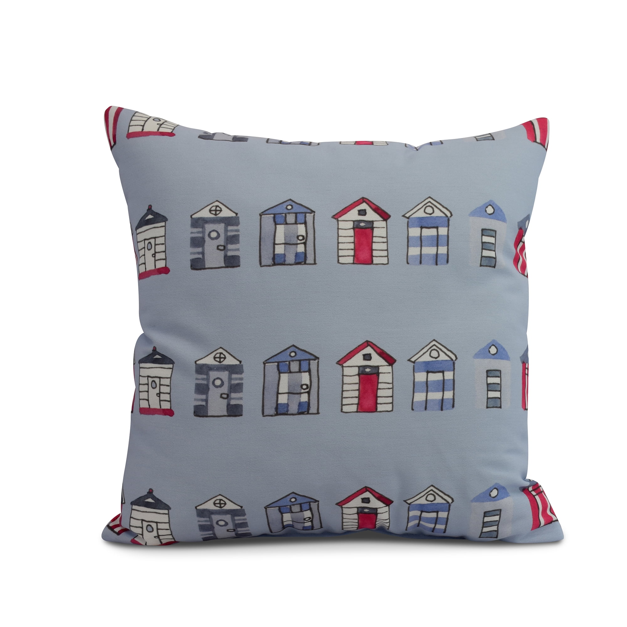 Simply Daisy, 16" x 16" Multi Beach Hut, Stripe Print Outdoor Pillow, Blue