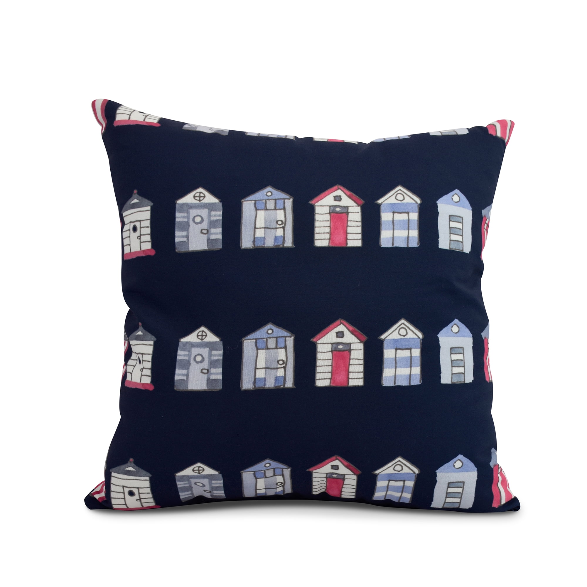 Simply Daisy, 16" x 16" Multi Beach Hut, Stripe Print Outdoor Pillow, Navy