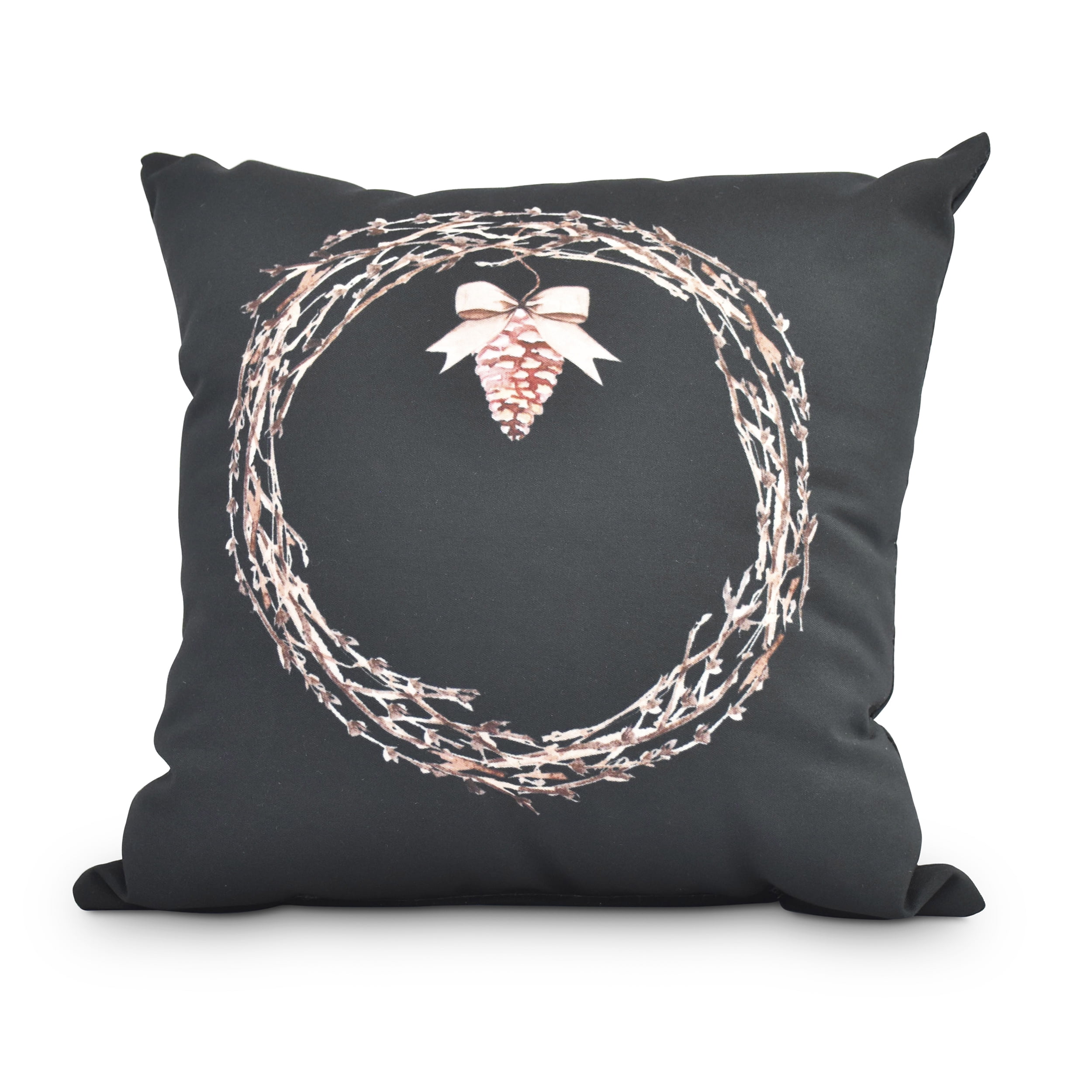 Simply Daisy, 16" x 16"Natural Wreath Black Holiday Print Decorative Outdoor Throw Pillow