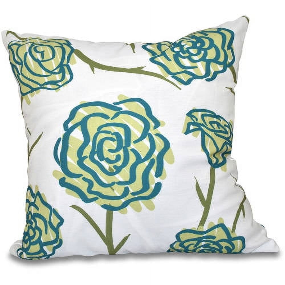 Green and White Floral Square Outdoor Throw Pillow