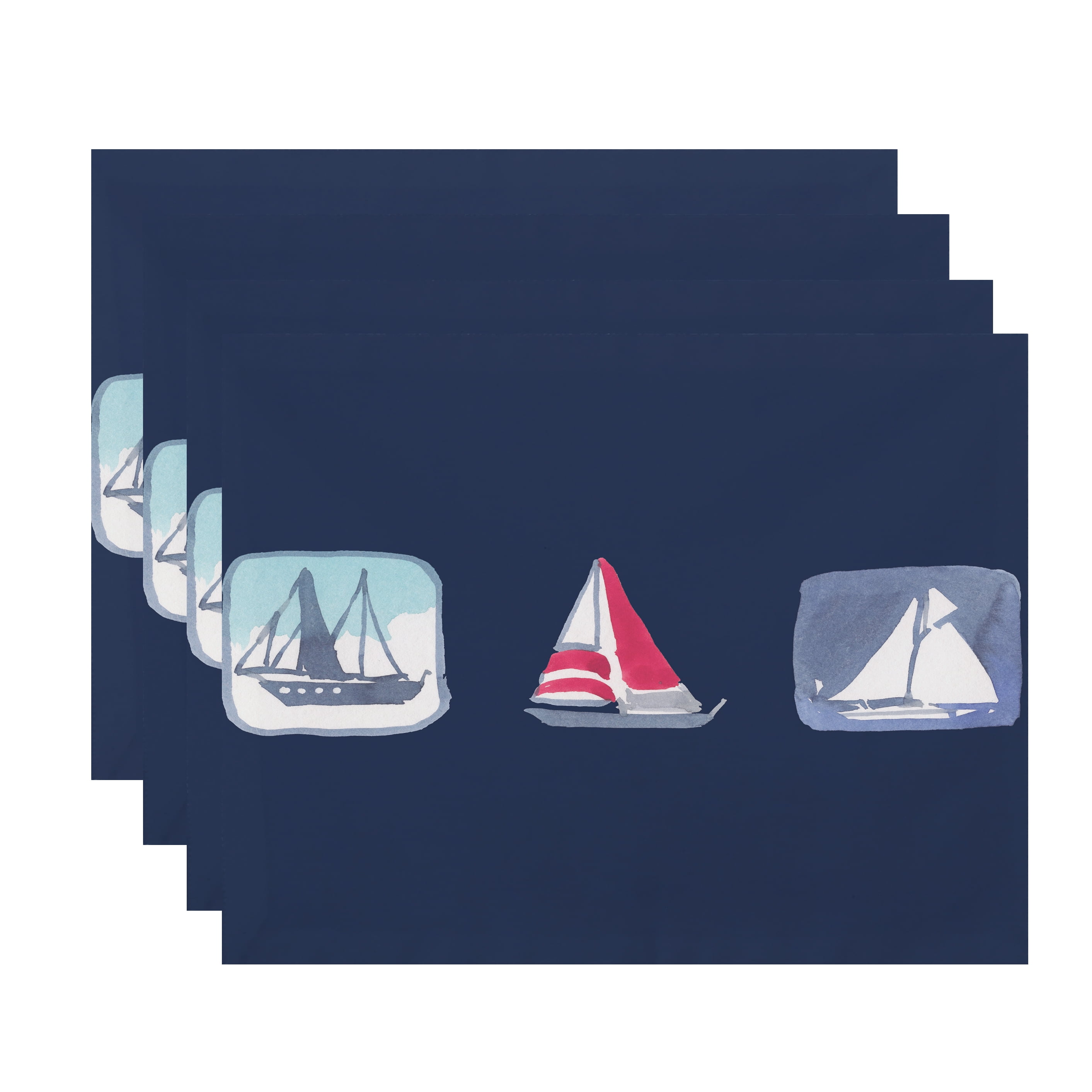 Simply Daisy, 18 x 14 Inch, Boat Trio, Geometric Print Placemat (Set of 4), Navy Blue