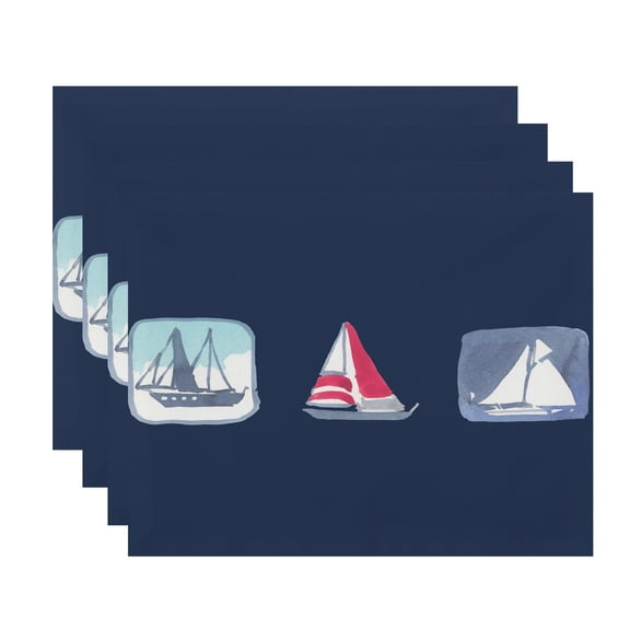 Simply Daisy, 18 x 14 Inch, Boat Trio, Geometric Print Placemat (Set of 4), Navy Blue