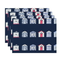 Simply Daisy, 18 x 14 Inch, Multi Beach Hut, Stripe Print Placemat (Set of 4), Navy Blue