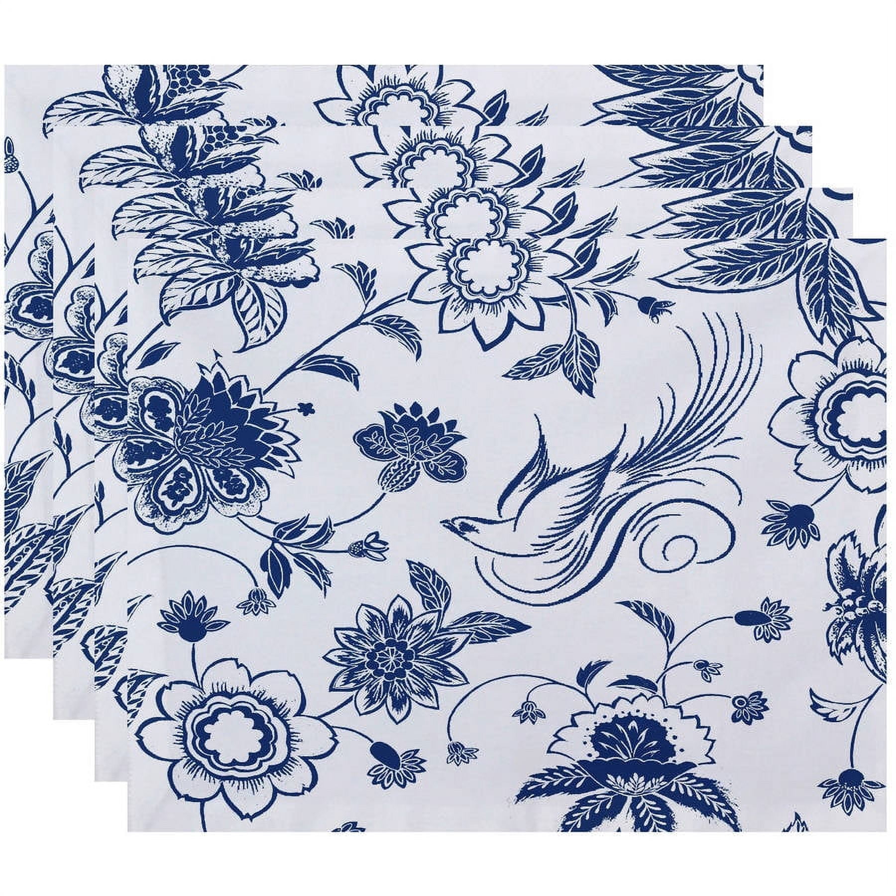 Blue and White Floral Print Fabric Placemats, Set of 4