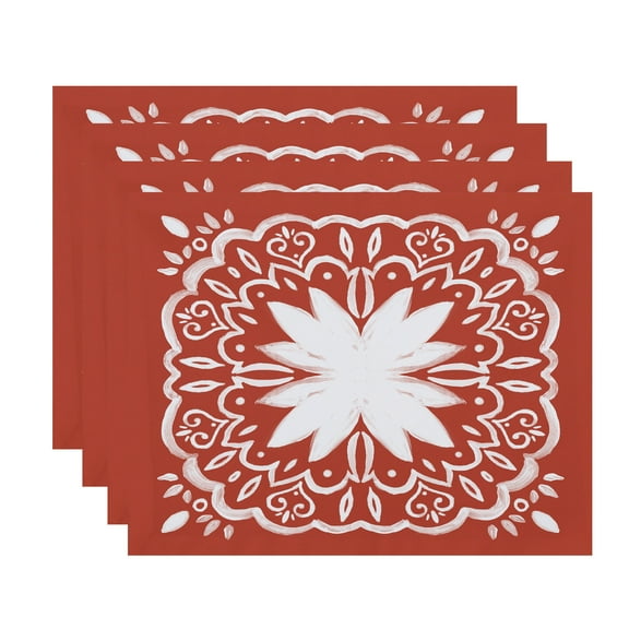 Simply Daisy, 18 x 14 inch, Cuban Tile 1, Geometric Print Placemat (Set of 4), Red Orange