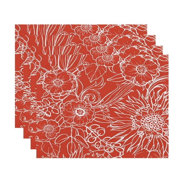 Simply Daisy, 18 x 14 inch, Zentangle 4, Floral Print Placemat (Set of 4), Red Orange