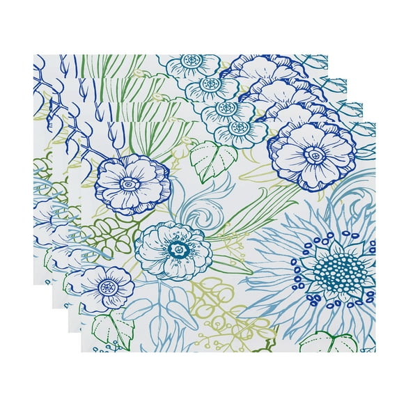 Simply Daisy, 18 x 14 inch, zentangle 4 Color, Floral Print Placemat (Set of 4), Blue