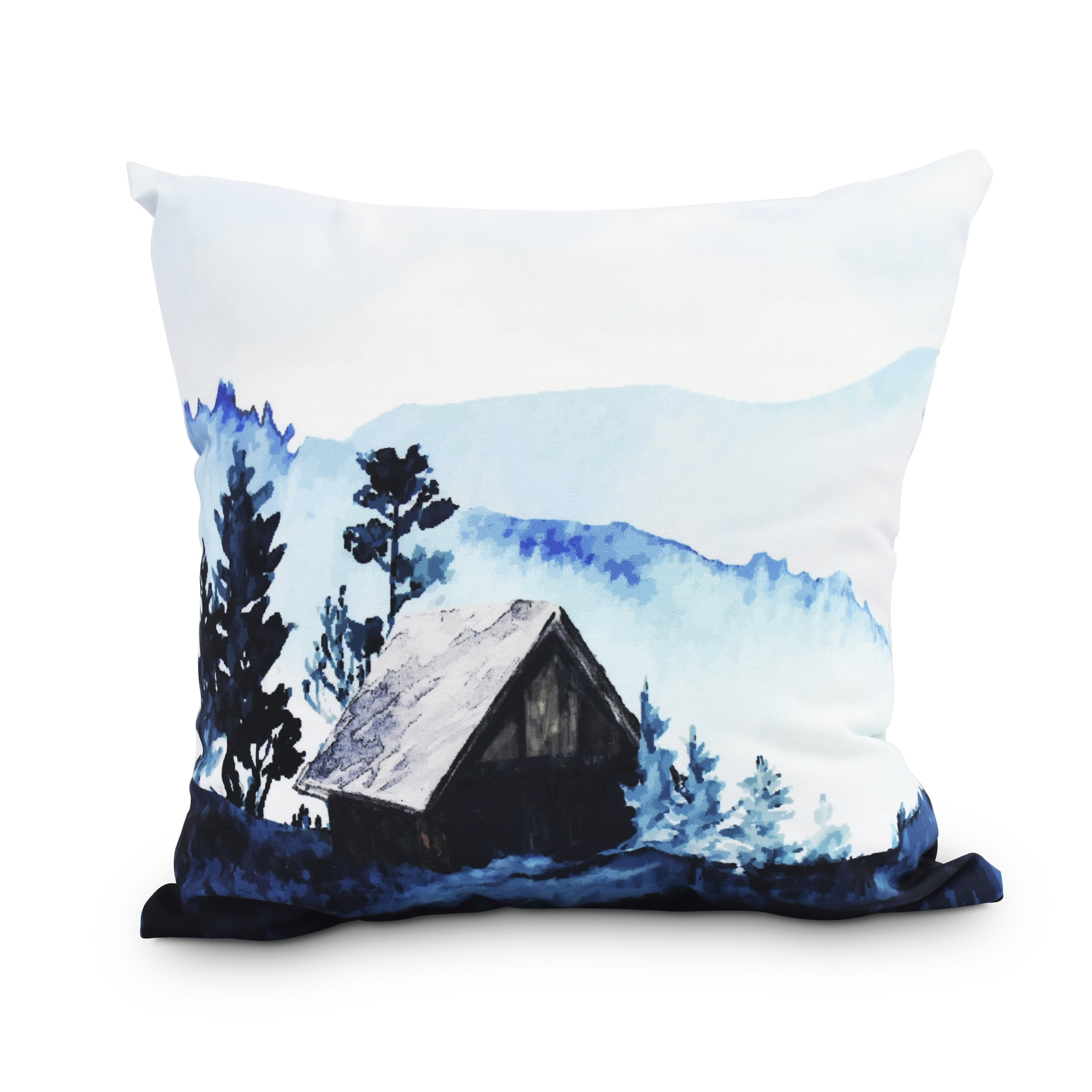 Simply Daisy, 18" x 18" Cabin in the Woods Blue Holiday Print Decorative Outdoor Throw Pillow