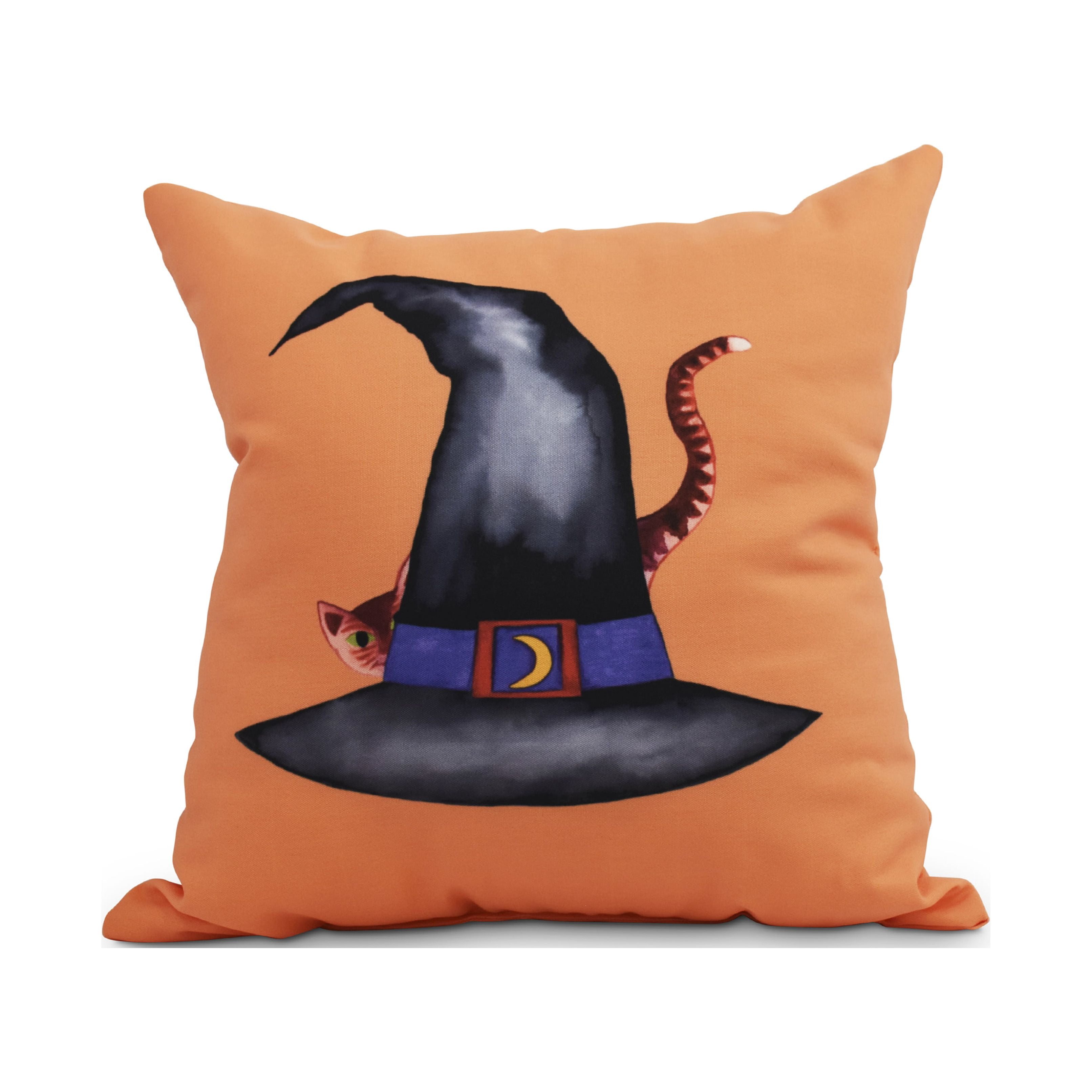 Simply Daisy, 18" x 18" Cat Behind the Hat Orange Halloween Print Decorative Throw Pillow