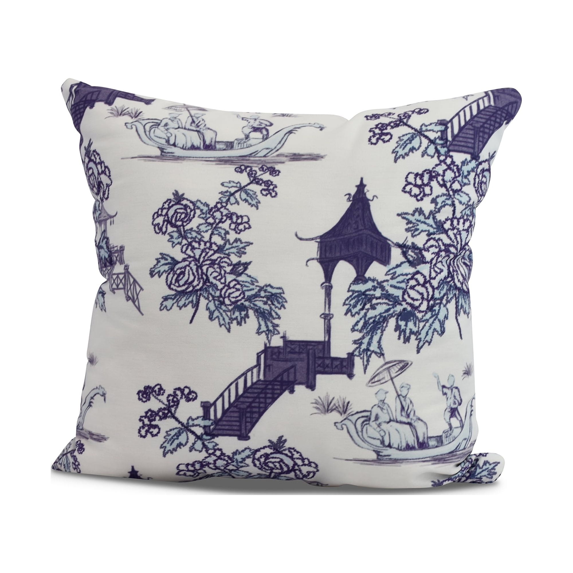 Navy Blue Chinoiserie Floral Print Outdoor Pillow 18" x 18"