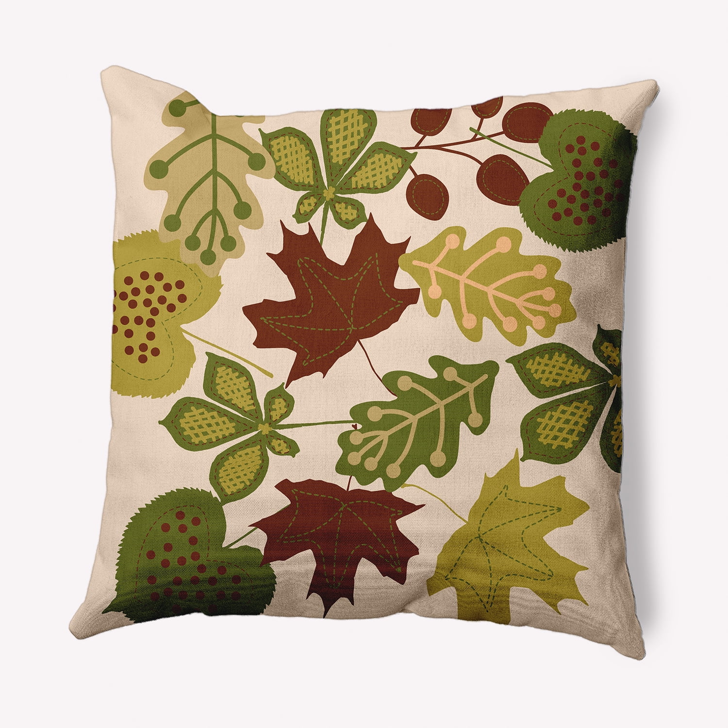 Olive and Beige Polyester Fall Leaves Square Pillow
