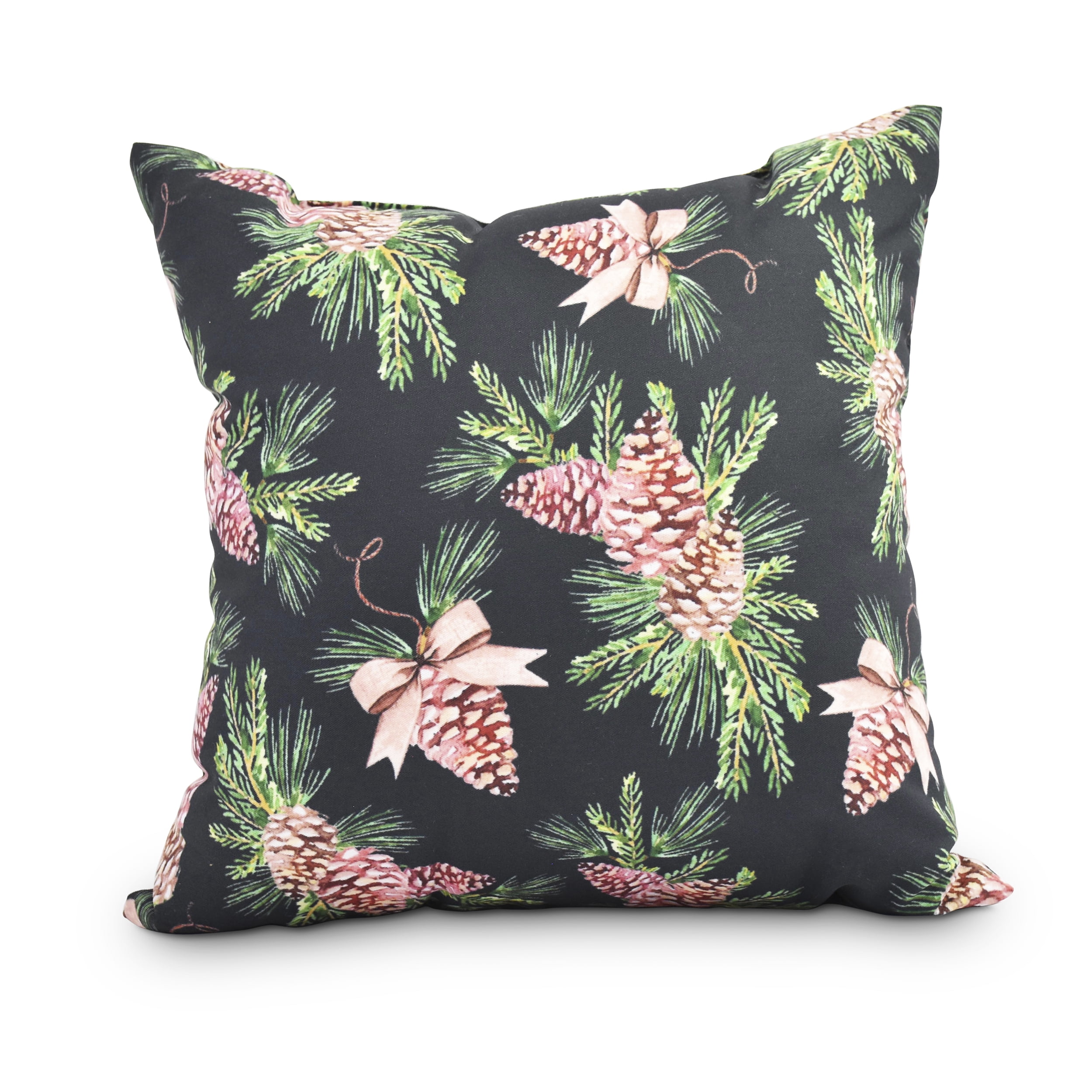 Simply Daisy, 18" x 18"Greenery Black Holiday Print Decorative Outdoor Throw Pillow