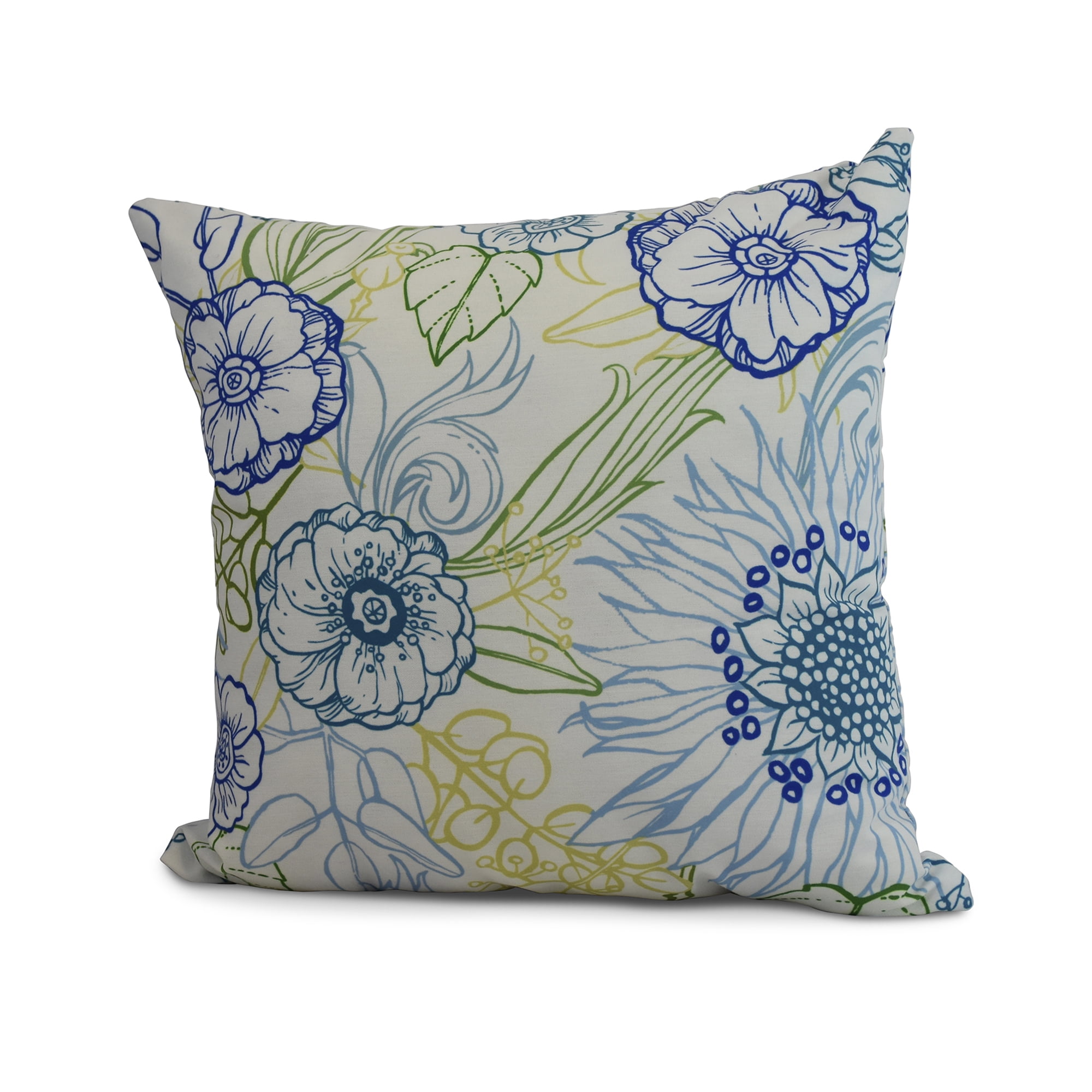 Simply Daisy, 18 x 18 Inch, zentangle 4 Color, Floral Print Pillow, Blue