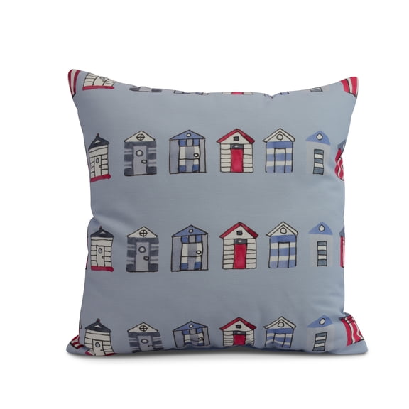 Simply Daisy, 18" x 18" Multi Beach Hut, Stripe Print Outdoor Pillow, Blue