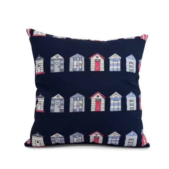Simply Daisy, 20" x 20" Multi Beach Hut, Stripe Print Outdoor Pillow, Navy
