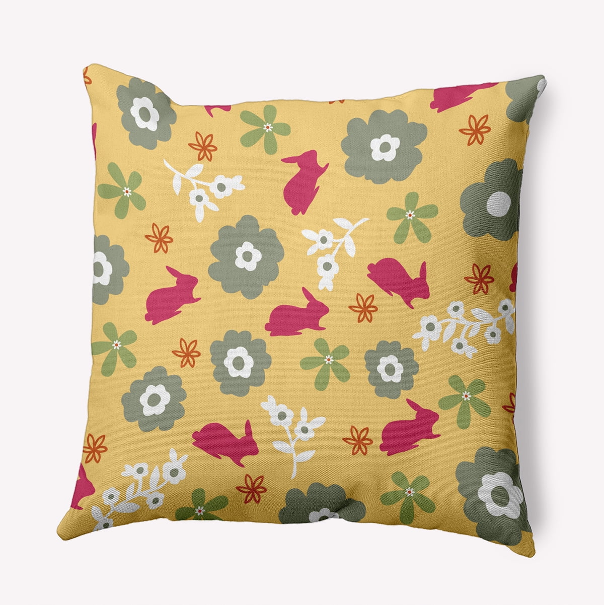 Simply Daisy 26-inch Square Flowery Love Bunnies Poly Easter Throw Pillow, Yellow-Pink Qty 1
