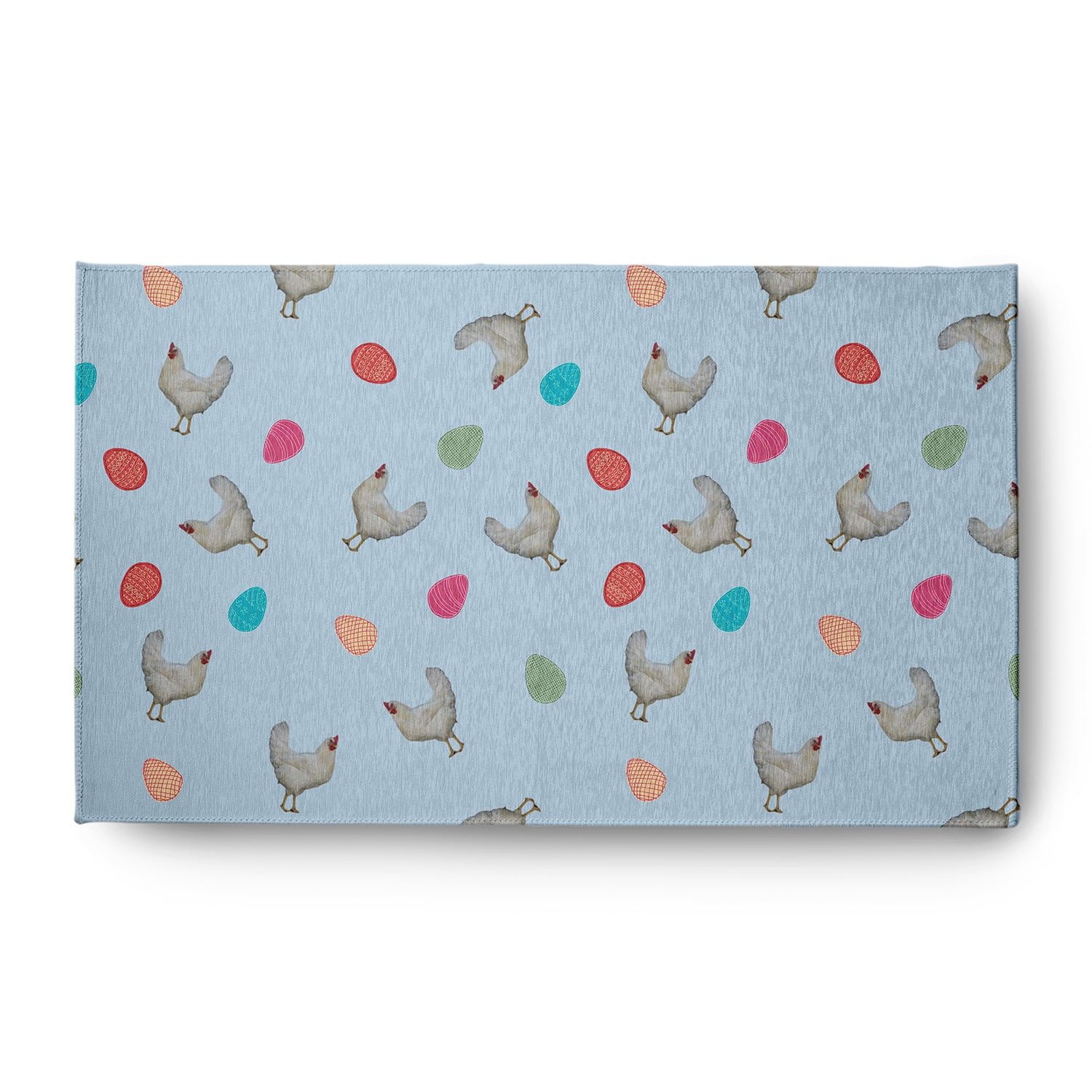 Simply Daisy 3' x 5' After Rain Blue Chickens and Eggs Easter Chenille Indoor/Outdoor Rug