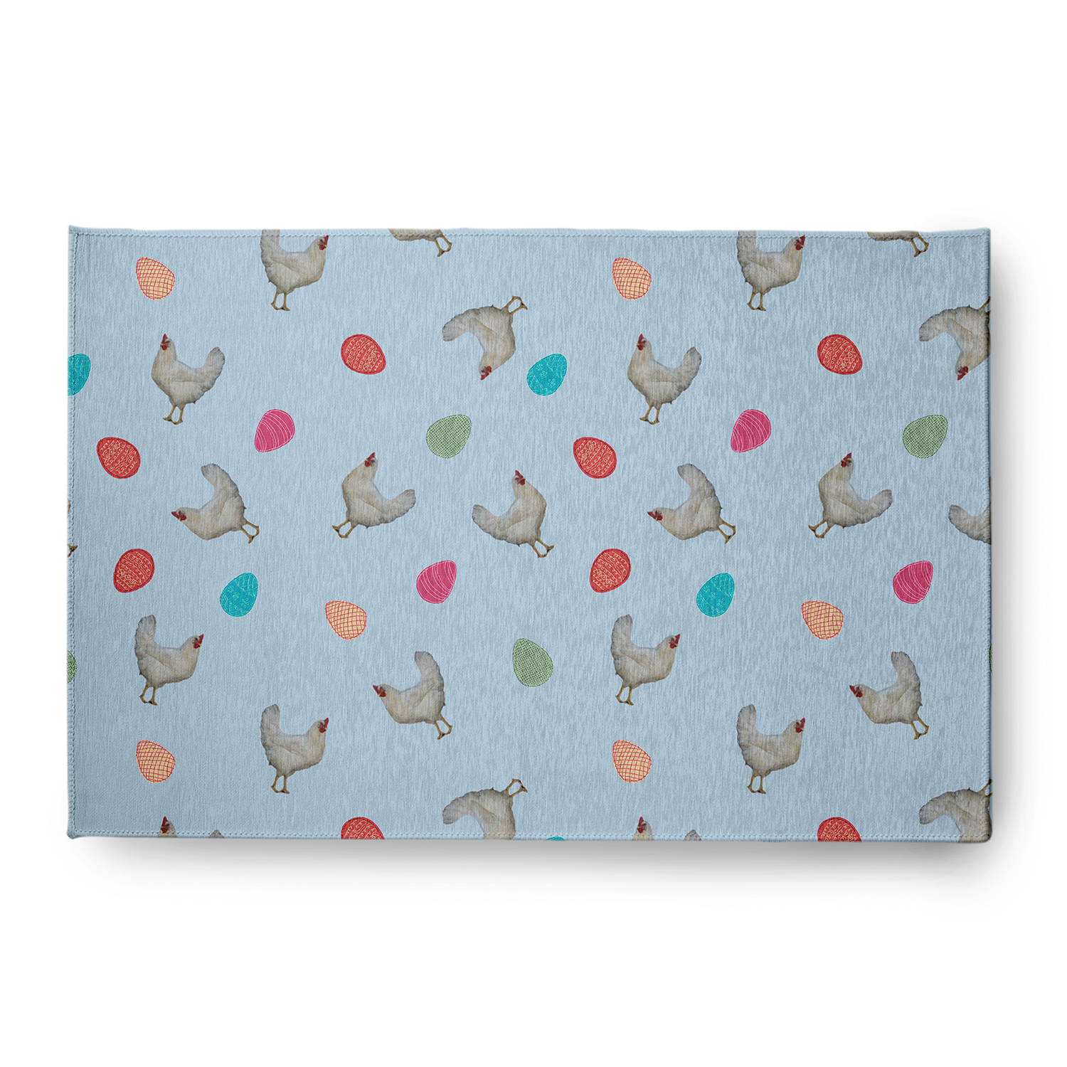 Simply Daisy 4' x 6' After Rain Blue Chickens and Eggs Easter Chenille Indoor/Outdoor Rug
