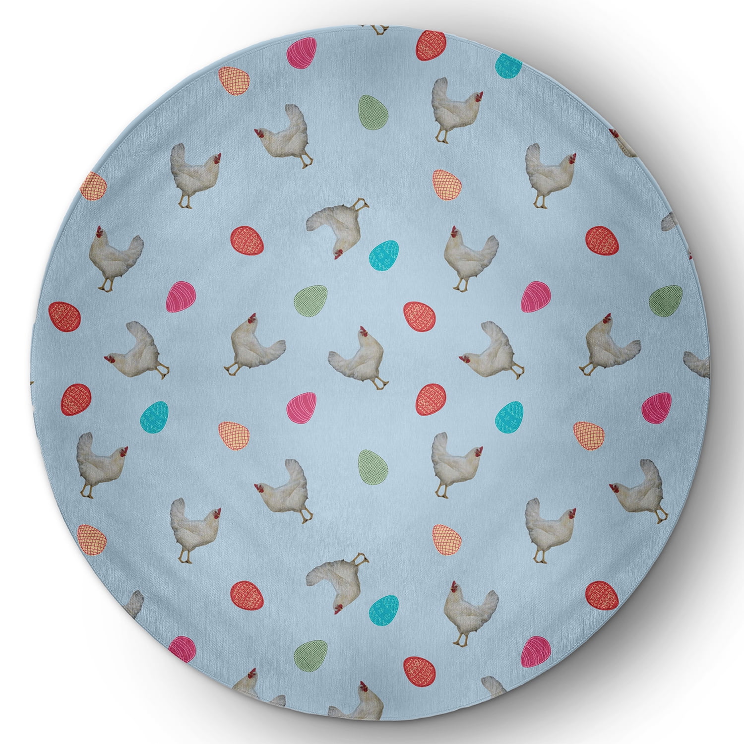 Simply Daisy 5' Round After Rain Blue Chickens and Eggs Easter Chenille Indoor/Outdoor Rug
