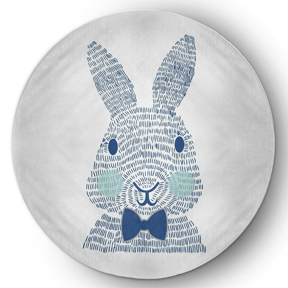 Simply Daisy 5' Round Dark Cobalt Blue Monochrome Bunny Easter Chenille Indoor/Outdoor Rug