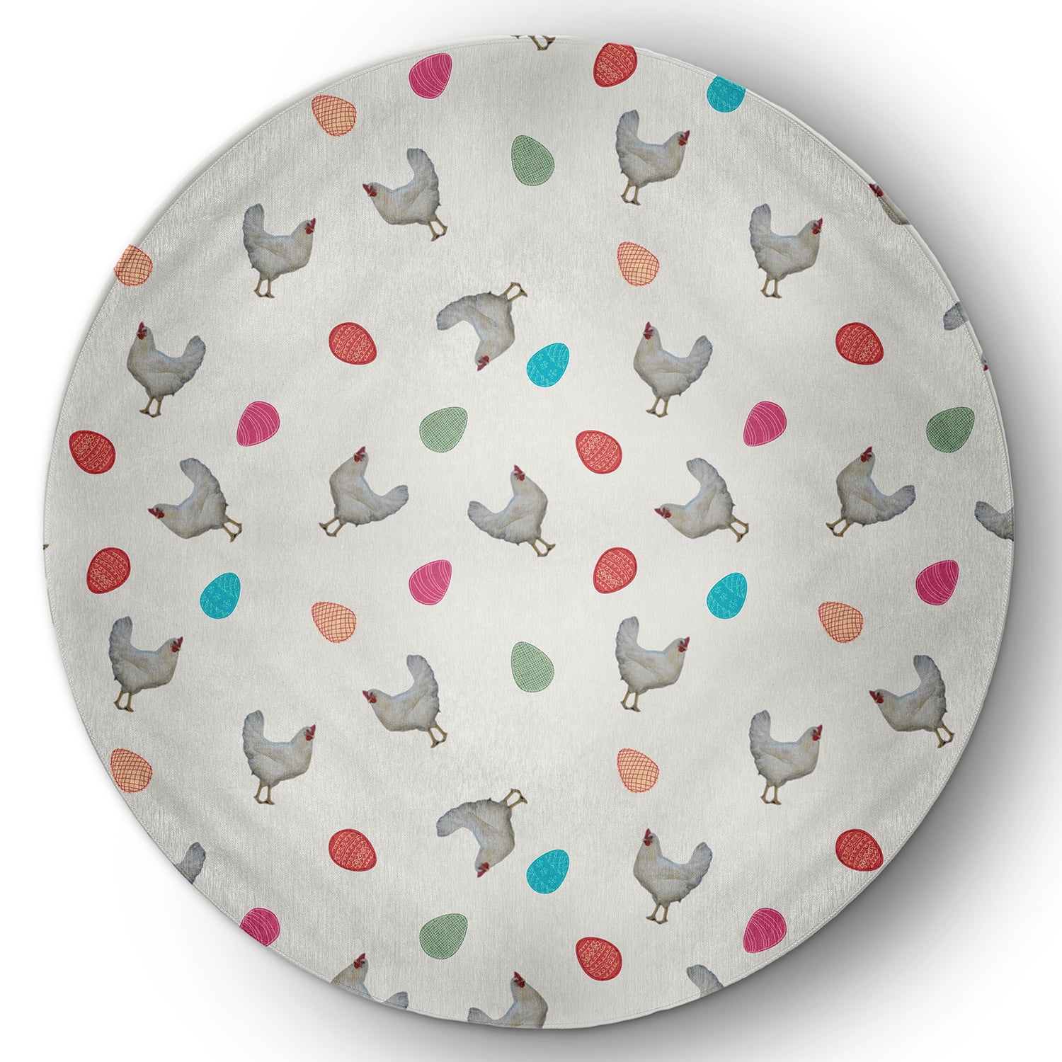 Simply Daisy 5' Round Whisper White Chickens and Eggs Easter Chenille Indoor/Outdoor Rug