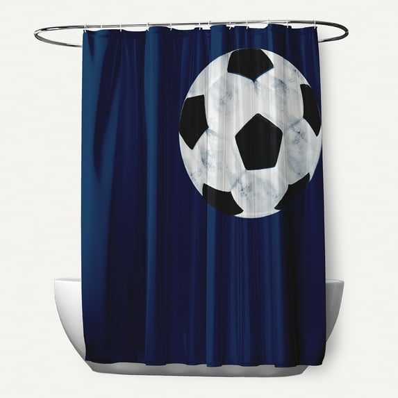 Simply Daisy 70" W x 73" H Soccer Ball Geometric Print Polyester Shower Curtain, Navy