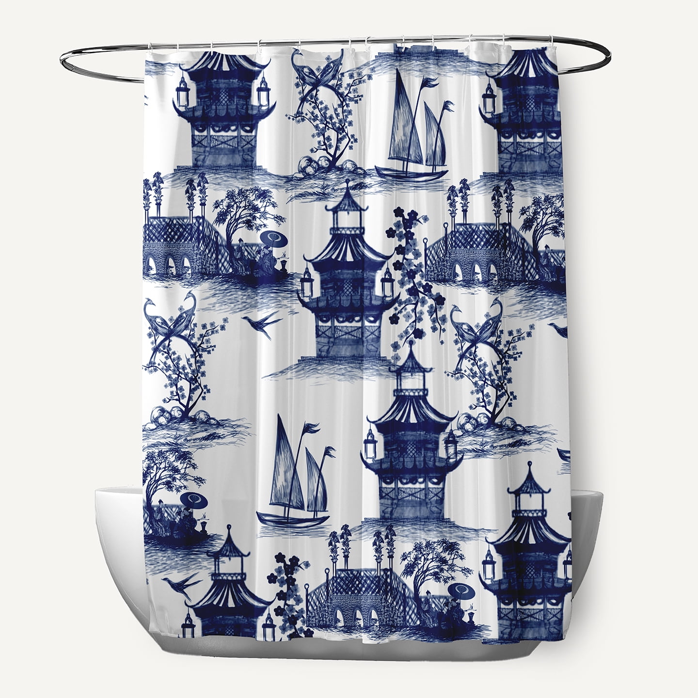 Simply Daisy 70" W x 73" L China Old Polyester Shower Curtain, Porcelain Blue [1 Ct]