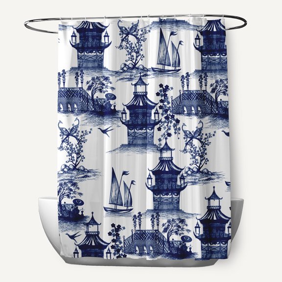 Simply Daisy 70" W x 73" L China Old Polyester Shower Curtain, Porcelain Blue [1 Ct]