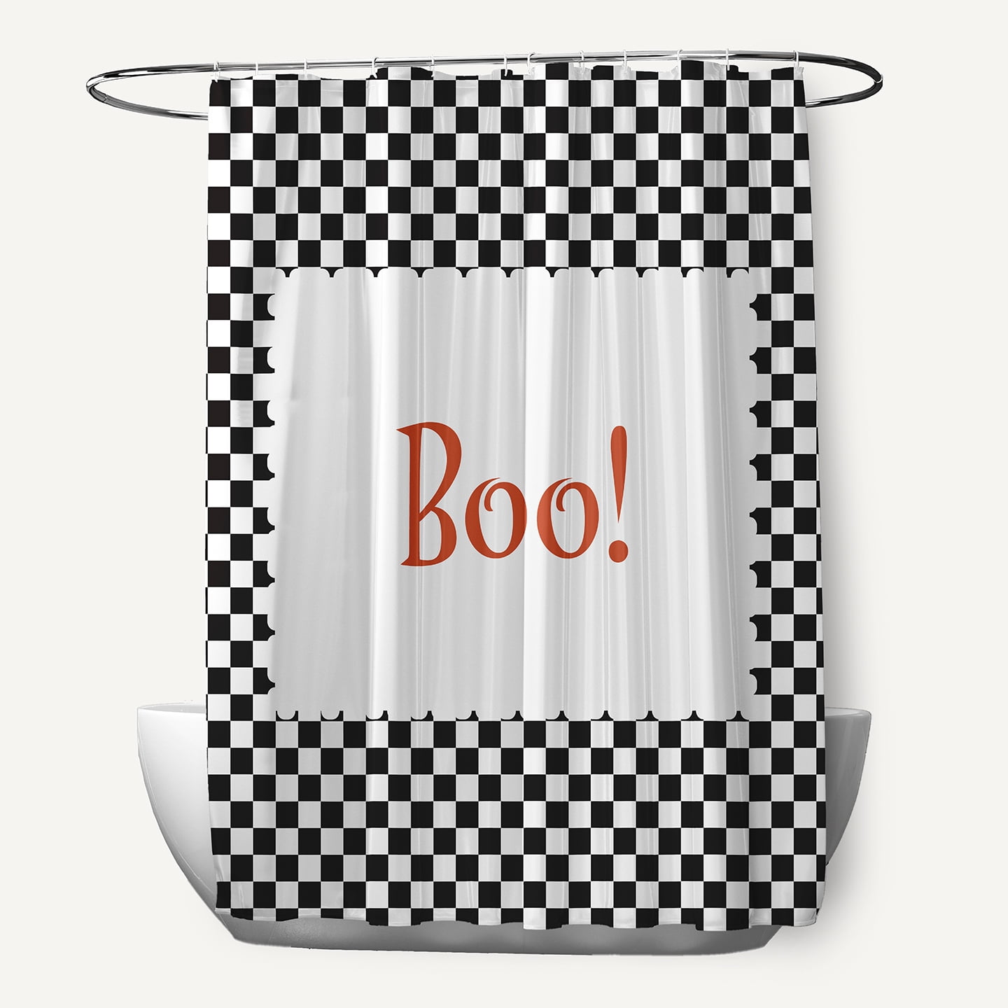 Simply Daisy 70" W x 73" L Halloween Boo Checks Polyester Shower Curtain, Black [1 Ct]