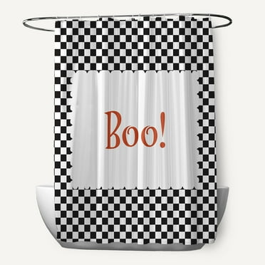 Simply Daisy 70" W x 73" L Halloween Boo Checks Polyester Shower Curtain, Black [1 Ct]