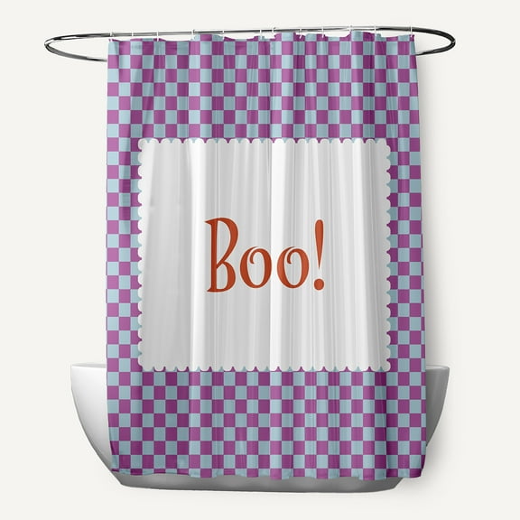 Simply Daisy 70" W x 73" L Halloween Boo Checks Polyester Shower Curtain, Harvest Orange [1 Ct]