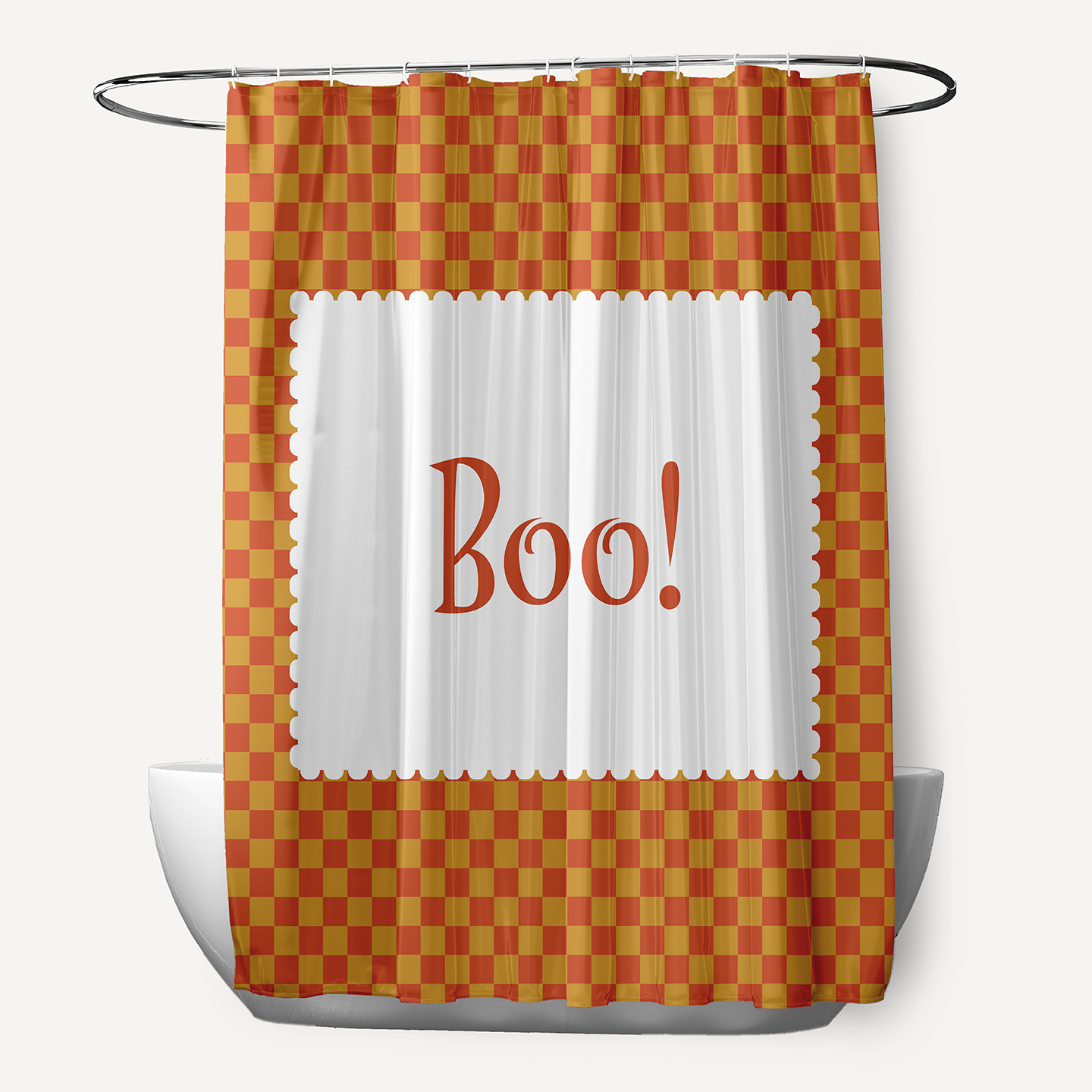 Simply Daisy 70" W x 73" L Halloween Boo Checks Polyester Shower Curtain, Rust [1 Ct]