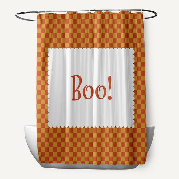 Simply Daisy 70" W x 73" L Halloween Boo Checks Polyester Shower Curtain, Rust [1 Ct]