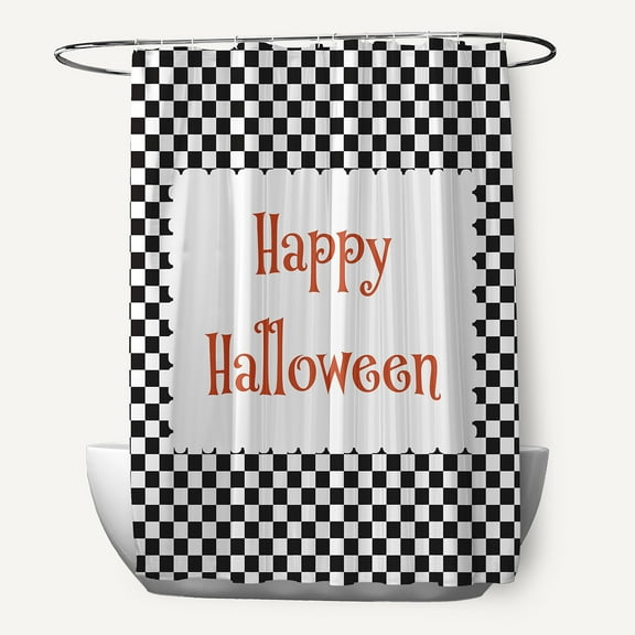 Simply Daisy 70" W x 73" L Halloween Happy Halloween Checks Polyester Shower Curtain, Black [1 Ct]