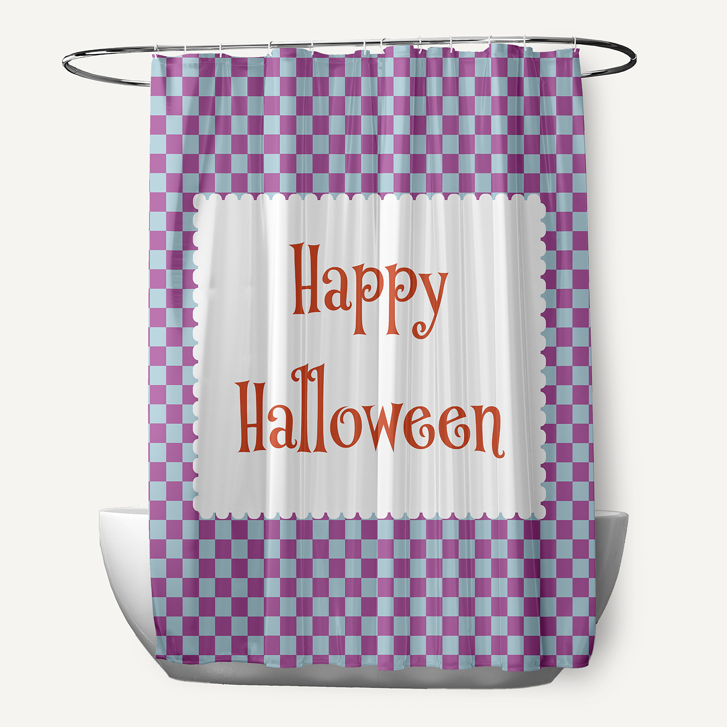 Simply Daisy 70" W x 73" L Halloween Happy Halloween Checks Polyester Shower Curtain, Orchid [1 Ct]