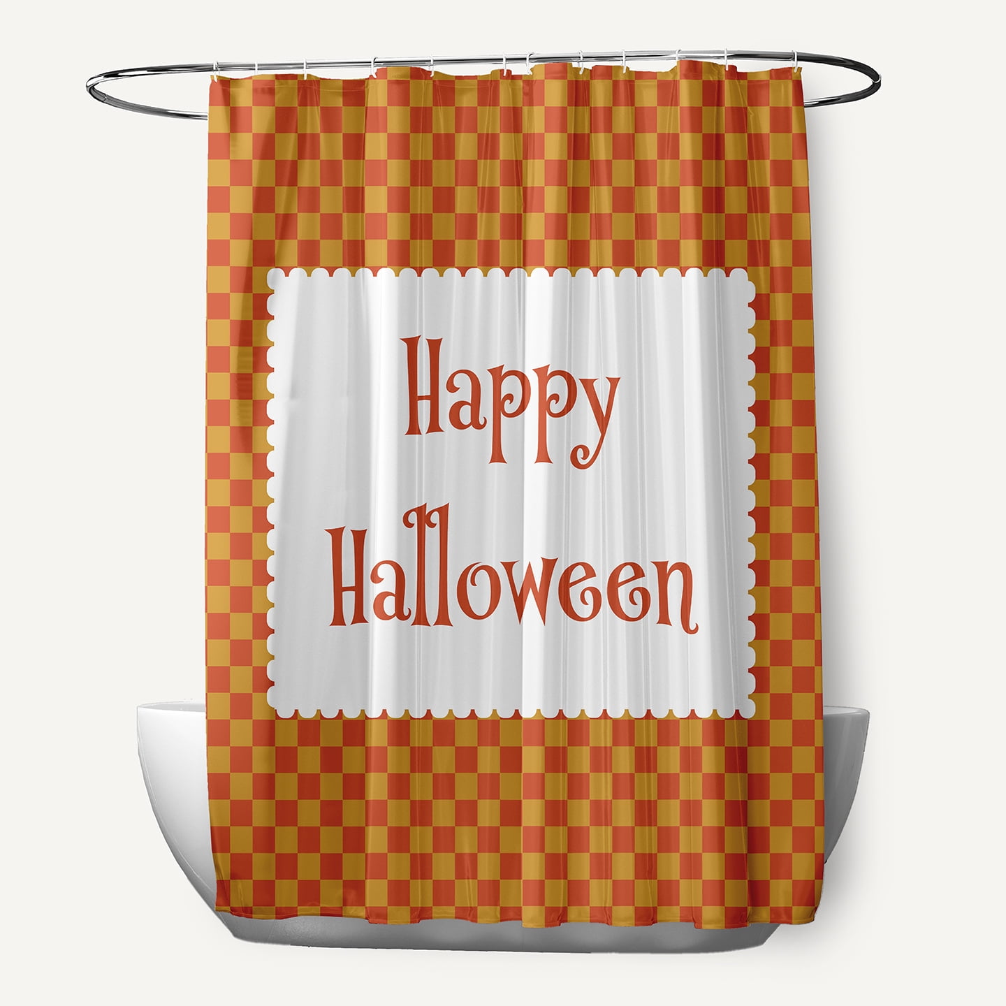 Simply Daisy 70" W x 73" L Halloween Happy Halloween Checks Polyester Shower Curtain, Rust [1 Ct]
