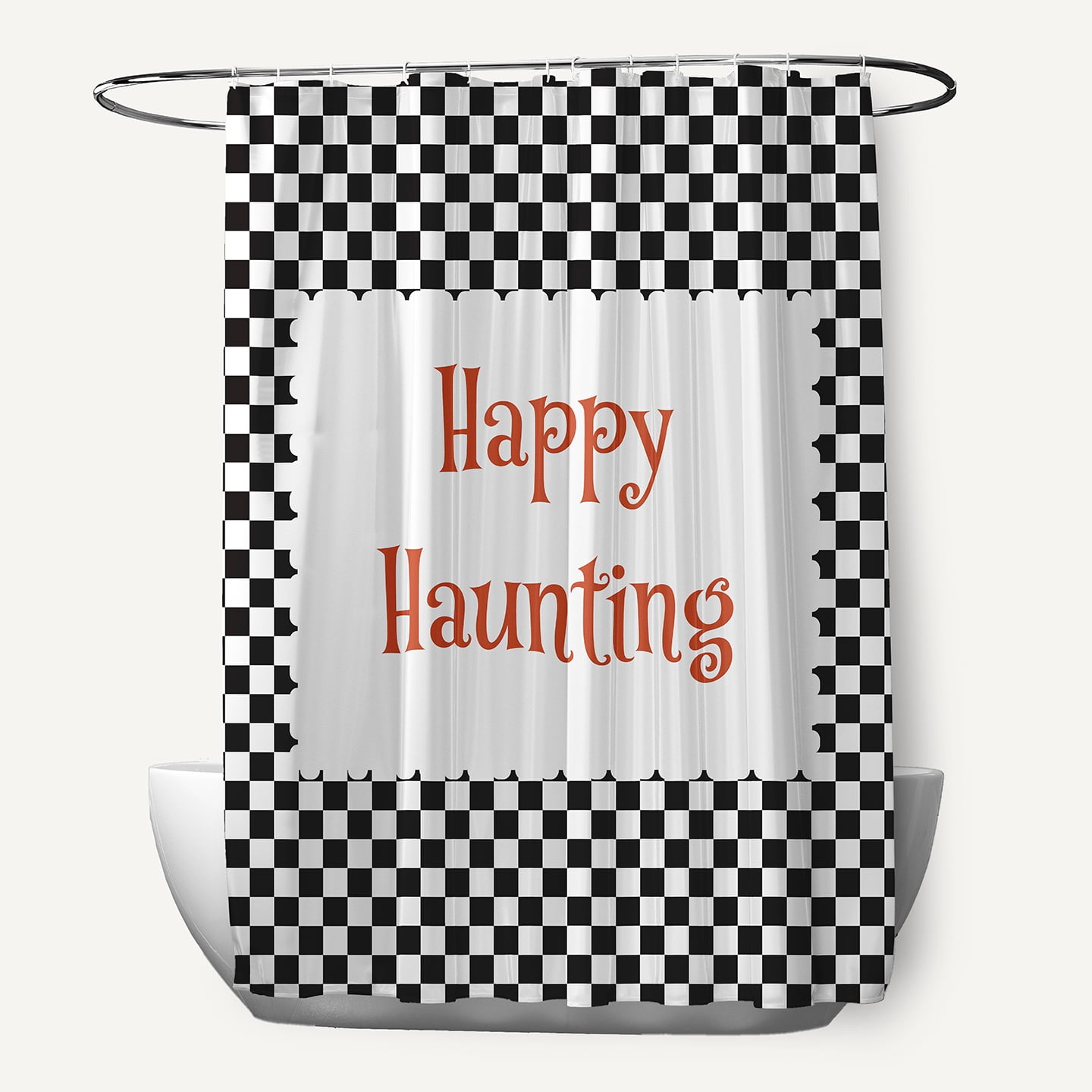 Simply Daisy 70" W x 73" L Halloween Happy Haunting Checks Polyester Shower Curtain, Black [1 Ct]