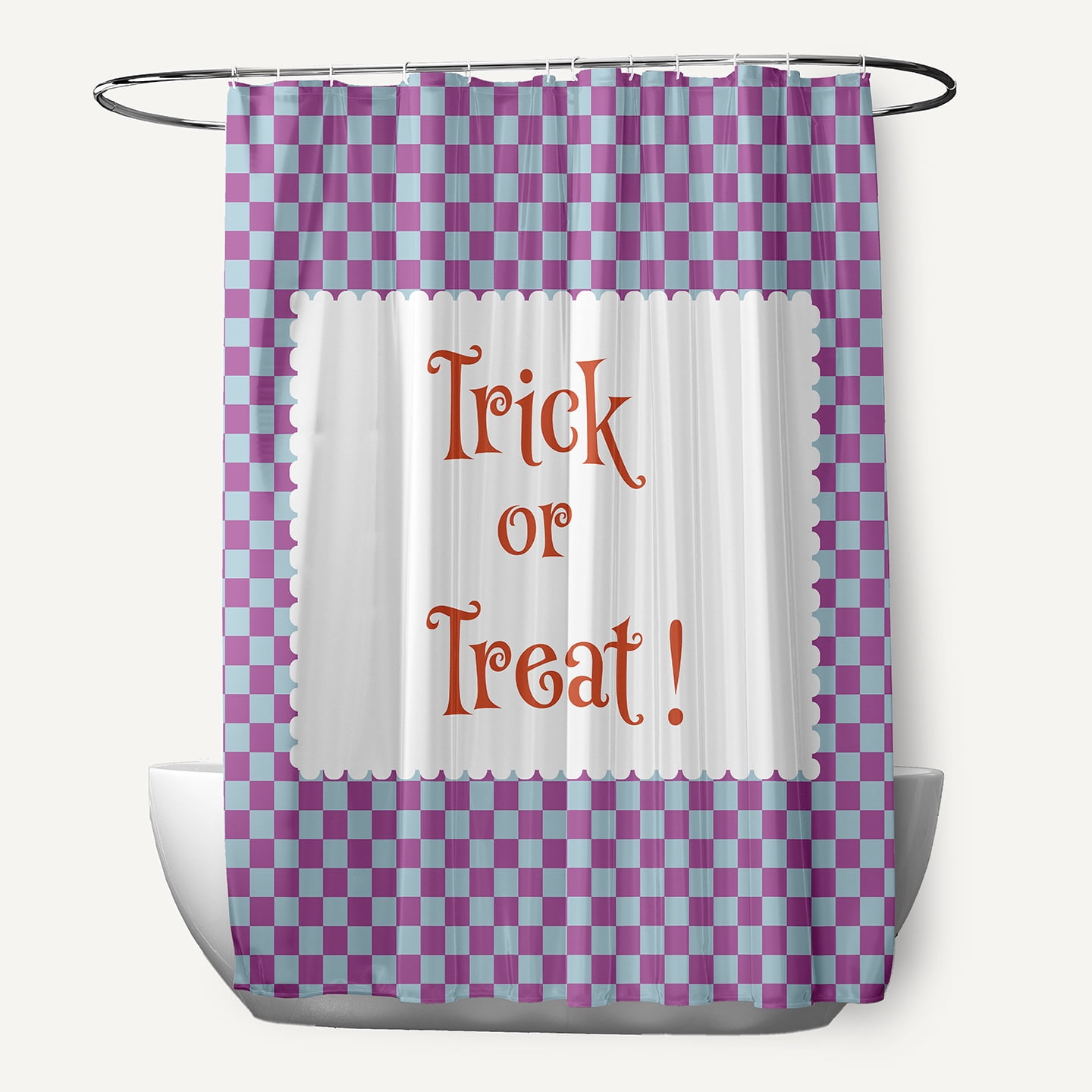 Simply Daisy 70" W x 73" L Halloween Trick or Treat Checks Polyester Shower Curtain, Orchid [1 Ct]