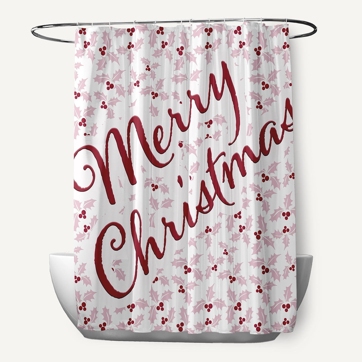 Simply Daisy 70" W x 73" L Merry Christmas with Holly Polyester Shower Curtain, Light Pink [1 Ct]