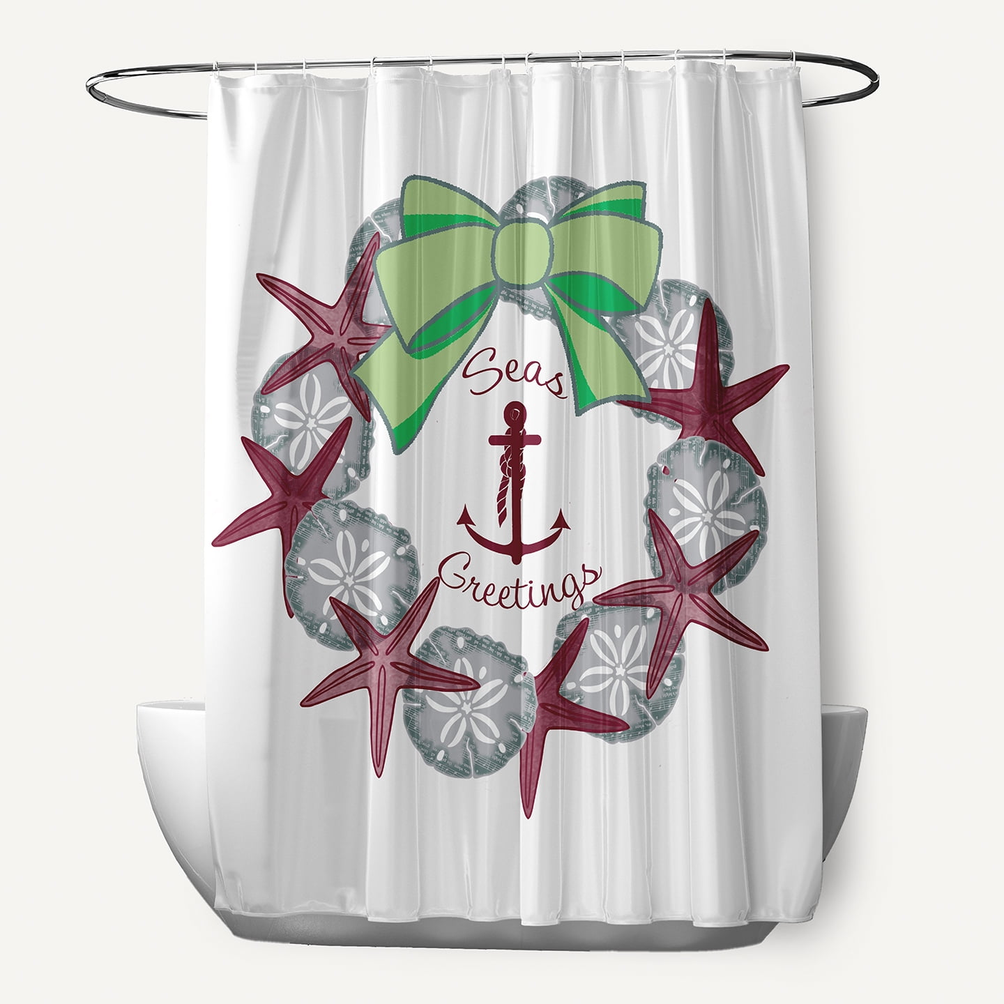 Simply Daisy 70" W x 73" L Seas and Greetings Wreath Polyester Shower Curtain, Maroon [1 Ct]